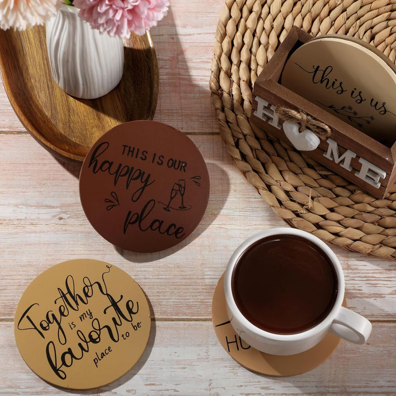 Wooden Heart Coasters Set of 6 with Holder - Farmhouse Style - Coffee Table Protection