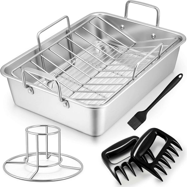 TeamFar Roasting Pan - Stainless Steel Turkey Roaster with V-Rack Cooling Rack Beer Can Chicken Holder Meat Claws and Silicone Brush