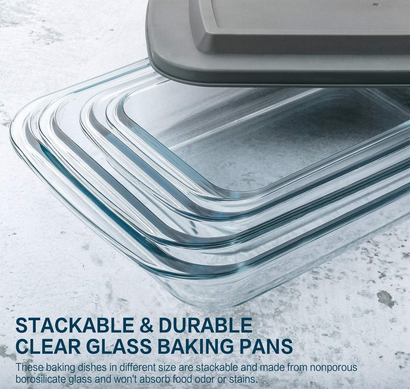 8-Piece Deep Glass Baking Dish Set with Lids - Rectangular Bakeware for Lasagna Cooking Storage - Gray