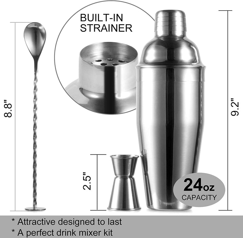 24oz Cocktail Shaker Bar Set - Professional Margarita Mixer Drink Shaker and Measuring Jigger & Mixing Spoon Set - Professional Stainless Steel Bar Tools Built-in Bartender Strainer for Martini Kit