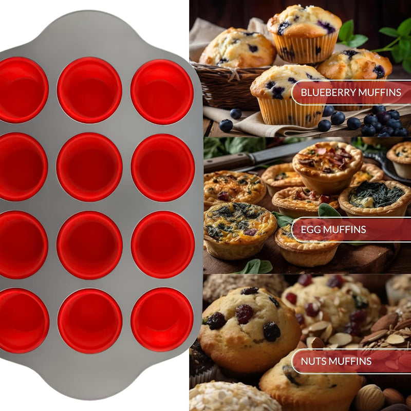 Non-Stick Silicone Muffin Pan - 12 Cups with Steel Frame - BPA Free  Non-Toxic