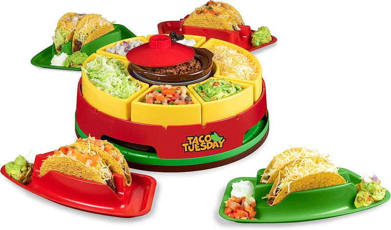 Taco Tuesday Complete Taco Serving Set with Tortilla Warmer, Salsa Bowls, Shell Holders, and Mortar and Pestle - 9-Piece Set - Red, Yellow, and Green