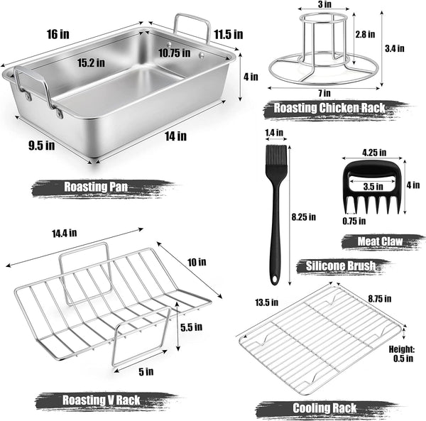 TeamFar Roasting Pan - Stainless Steel Turkey Roaster with V-Rack Cooling Rack Beer Can Chicken Holder Meat Claws and Silicone Brush