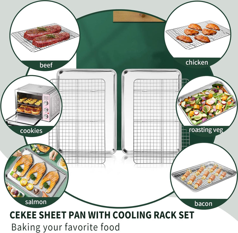 Quarter Sheet Pan with Cooling Rack Set - 2 Baking Sheets  2 Baking Racks - CEKEE Stainless Steel - Rust  Warp Resistant - Nonstick - 12 x 98 x 1 Inch