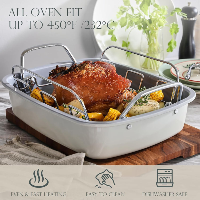 Nonstick Turkey Roasting Pan with Rack - Large 17 x 14 inch - for Oven - Heavy Duty Construction - Suitable for 24lb Turkey - Gray
