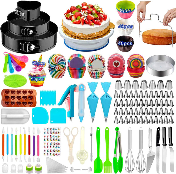 Cake Decorating Kit - 493 PCS 3 Springform Pans Turntable 48 Tips 7 Russian Nozzles Cupcake Supplies - Multicolor