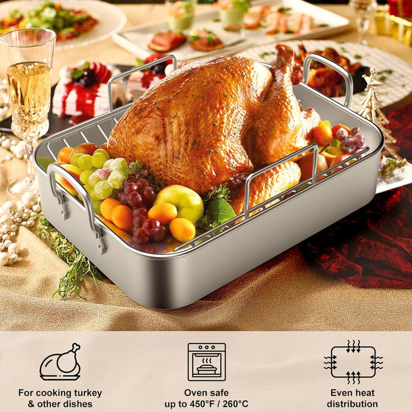 Stainless Steel Turkey Roaster with Rack - V-Shaped Flat Rack 1713 Inch - Perfect for Holiday Roasts and Lasagna