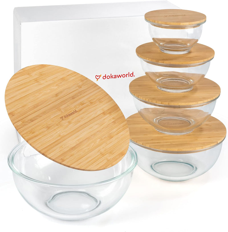 Collapsible Glass Mixing Bowls - 5 Stackable with Lids Microwave Safe Bamboo Salad  Baking Bowls