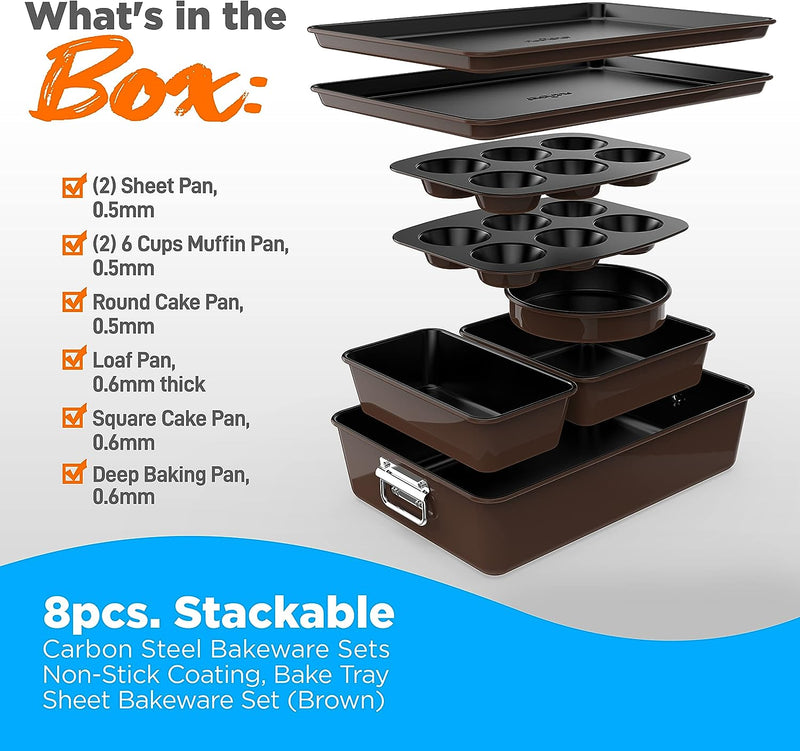 8-Piece Nonstick Stackable Bakeware Set with Oven-Safe Coating - PFOAPFOSPTFE Free