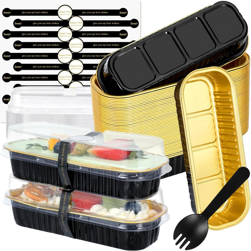 JuneHeart Aluminum Foil Mini Loaf Pans with Lids and Spoons - 100 Pack Black - 68oz Rectangle Baking Containers