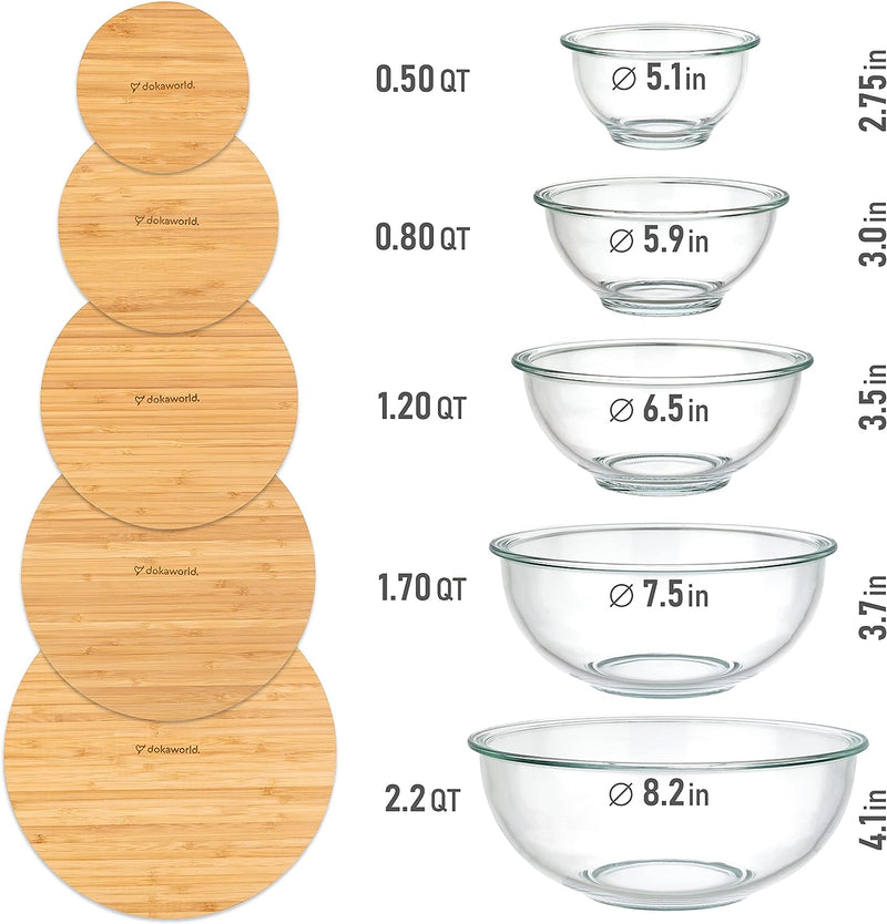 Collapsible Glass Mixing Bowls - 5 Stackable with Lids Microwave Safe Bamboo Salad  Baking Bowls