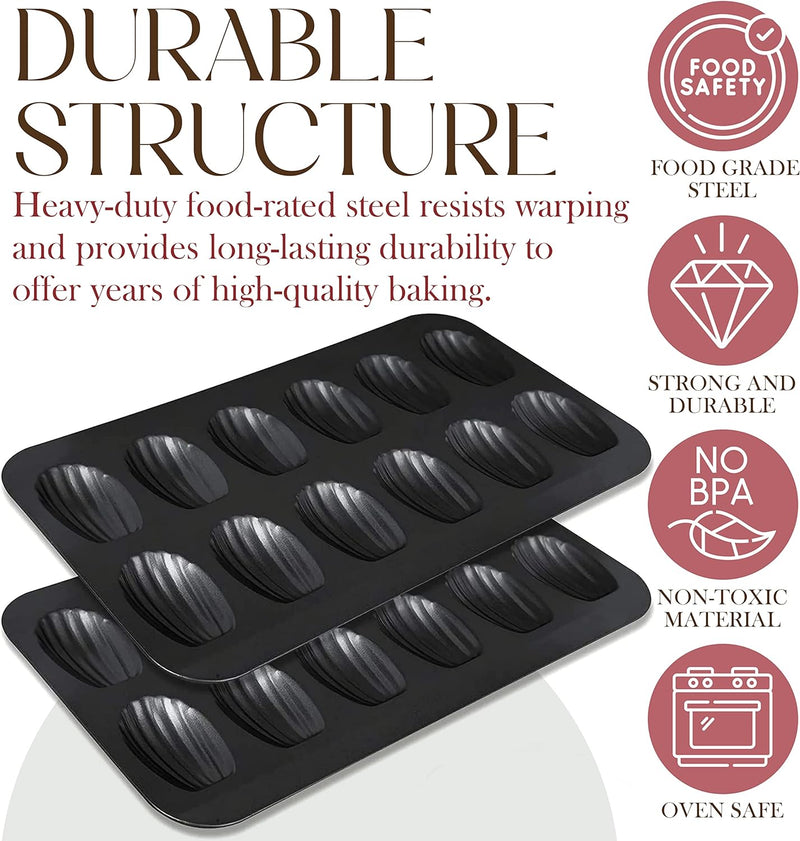 Bellemain Madeleine Pan - 12-Well Nonstick Mold for Madeleine Cookies - Warp-Resistant Carbon Steel 2-Pack