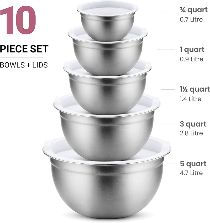 5-Piece Kitchen Mixing Bowl Set with Lids - Stainless Steel Silver for Cooking Baking Salad and Meal Prep