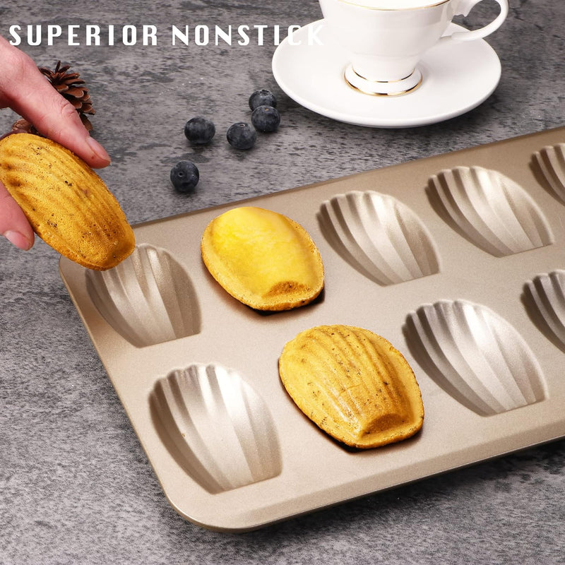 HONGBAKE Nonstick Madeleine Pan 2 Pack - Heavy Duty 12-Cavity Shell Shaped Cake Trays for Oven Baking Champagne Gold