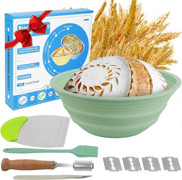 Green Bread Making Gift Set - Bread Basket Proofing Bowl  Dough Tools