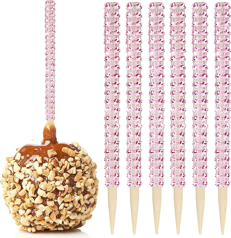 Bling Candy Apple Bamboo Sticks - 32 PCS Wooden Skewers with Rhinestone Diamond Mesh Wrap for Fruit Treats and Dessert Table Silver