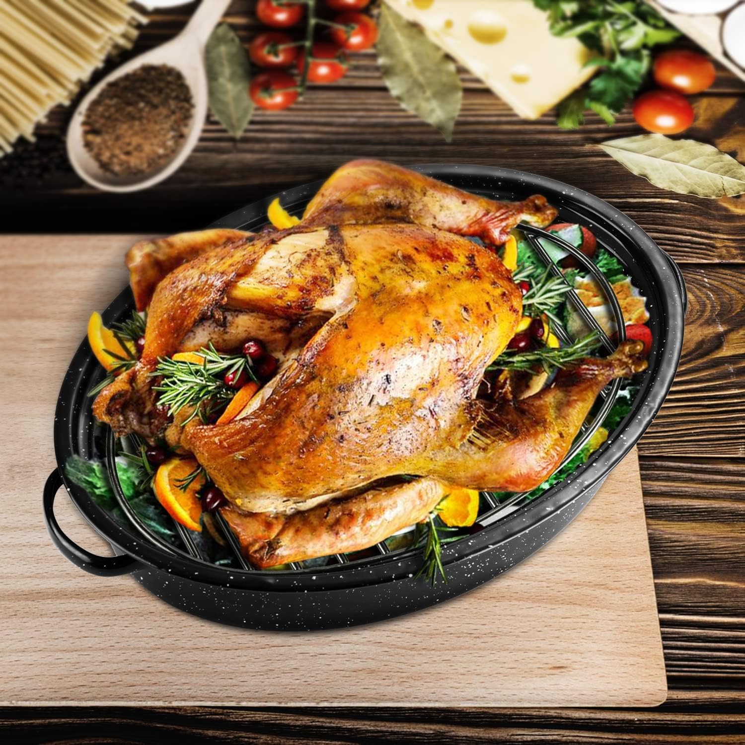 DIMESHY 13Inch Roasting Pan, Enamel on Steel, Black Covered Oval Roaster  Pan with Lid, Small Cookware for Turkey, Small Chicken, Roast Baking Pan.
