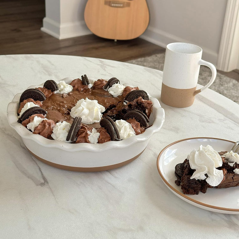 Modern Farmhouse Ceramic Pie Pan - Deep Fluted Dish for Baking - Vanilla White