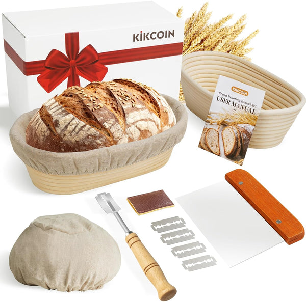 KIKCOIN Banneton Bread Proofing Basket, 10 Inch Oval Banneton Basket Set of  2, Sourdough Bread Basket