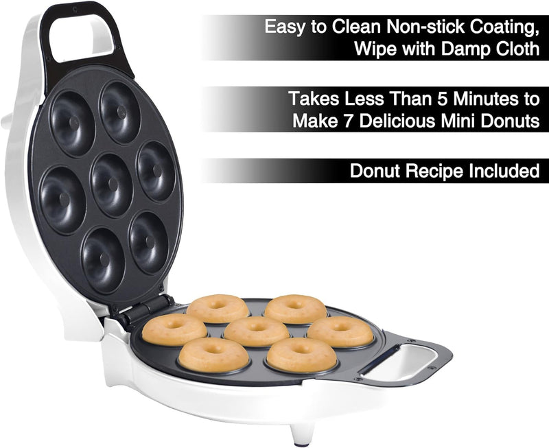 Chef Buddy Mini Donut Maker - Nonstick Baking Machine for 7 Mini Doughnuts - Includes Glazing and Sprinkling Options White