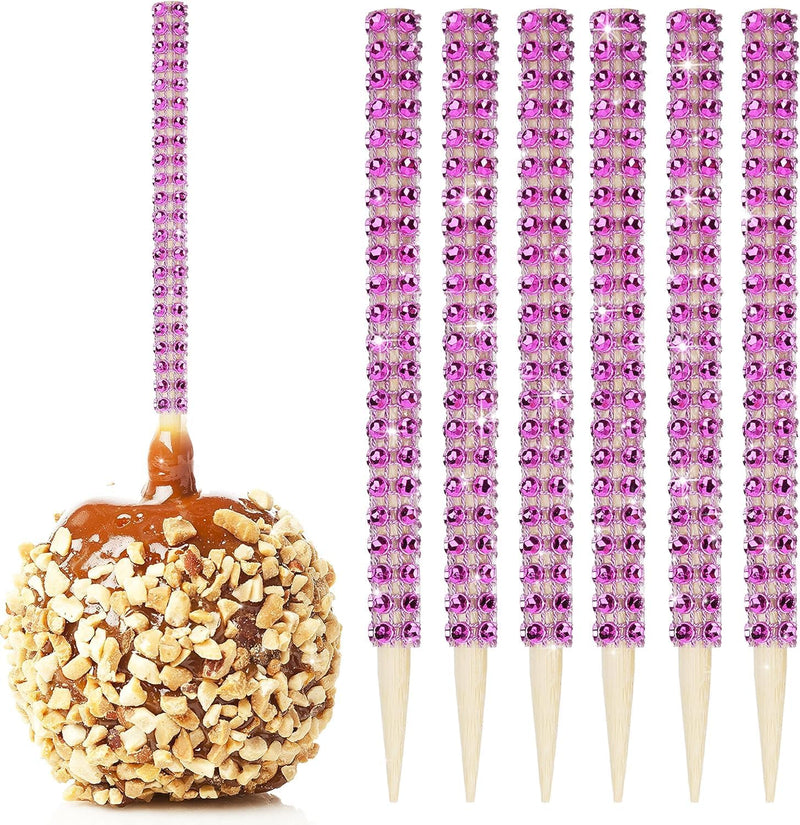 Bling Candy Apple Bamboo Sticks - 32 PCS Wooden Skewers with Rhinestone Diamond Mesh Wrap for Fruit Treats and Dessert Table Silver