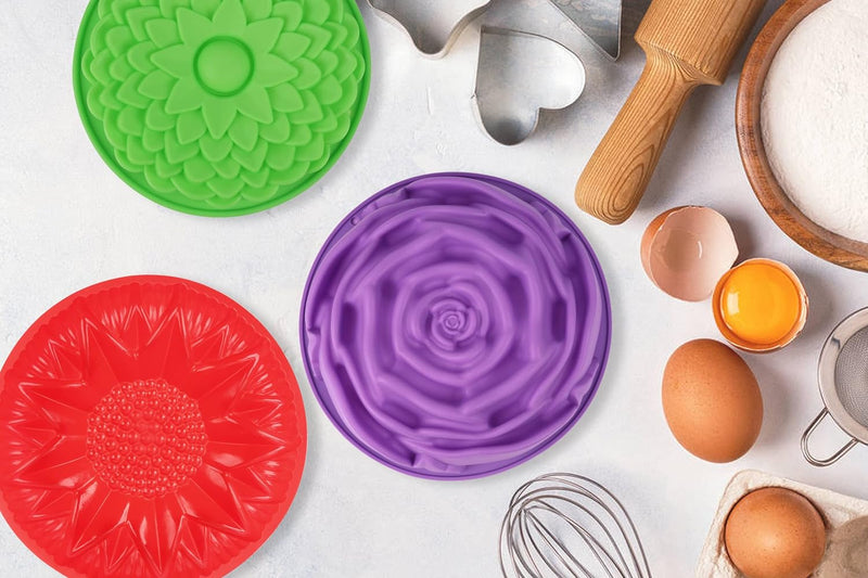 3 Pack Flower Silicone Cake Molds - Round  Flower Shaped Baking Trays for Birthday Parties