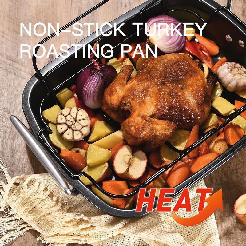 HONGBAKE Nonstick Turkey Roasting Pan with Rack 17x13 - for Large Turkey  Chicken Heavy Duty Dark Grey