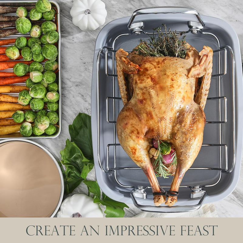 Nonstick Turkey Roasting Pan with Rack - Large 17 x 14 inch - for Oven - Heavy Duty Construction - Suitable for 24lb Turkey - Gray