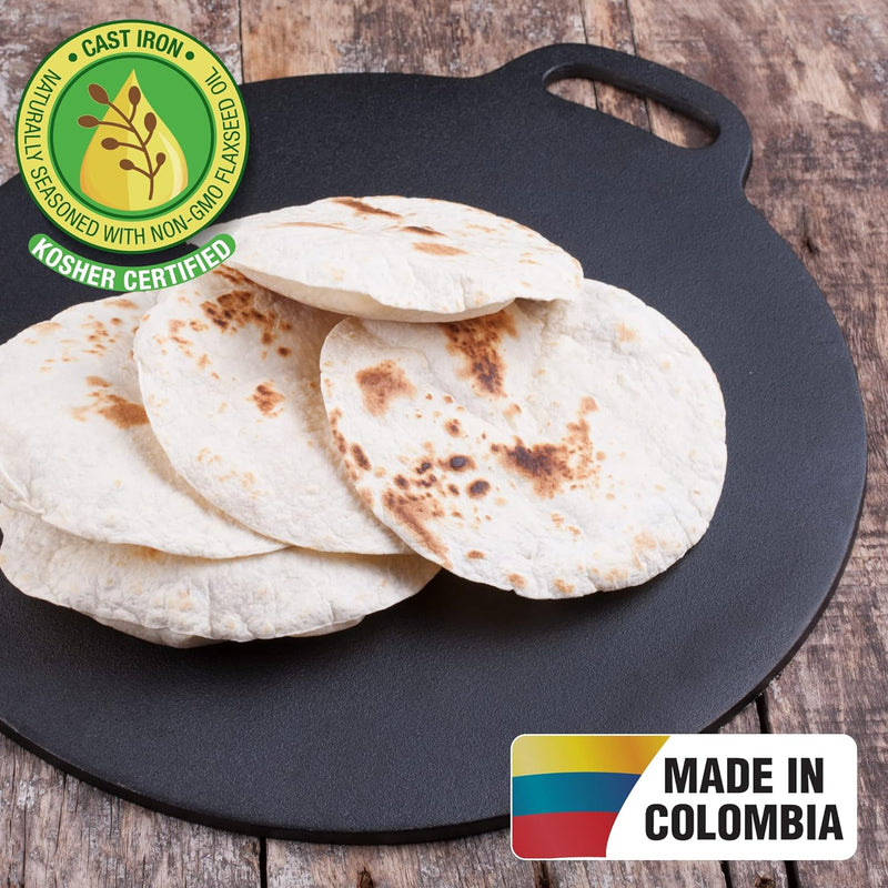 Victoria 12-Inch Cast-Iron Tawa Dosa Pan with Loop Handle Preseasoned in Flaxseed Oil Made in Colombia