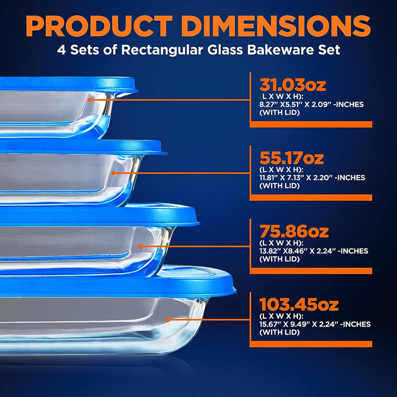 NutriChef Glass Bakeware Set - Rectangular Baking Dish with Lids Freezer-to-Oven Casserole Tray Stackable and Dishwasher Safe