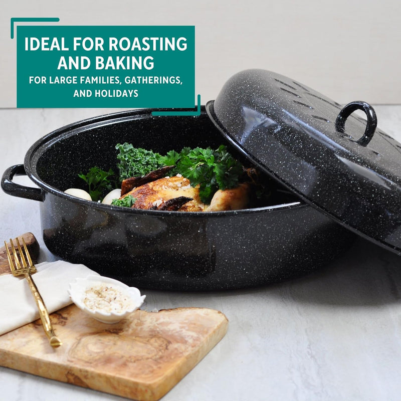 Mirro 15 Covered Oval Roaster with Lid - Black Turkey  Meat