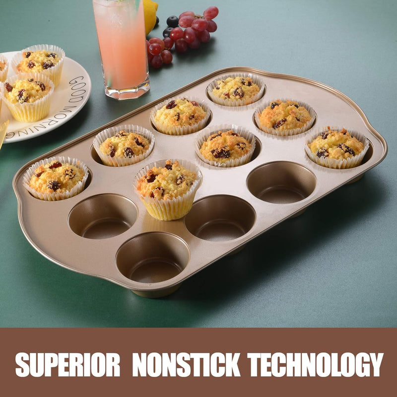 JOHO BAKING Nonstick Muffin and Cupcake Pan Set - 12 and 24-Cup Gold