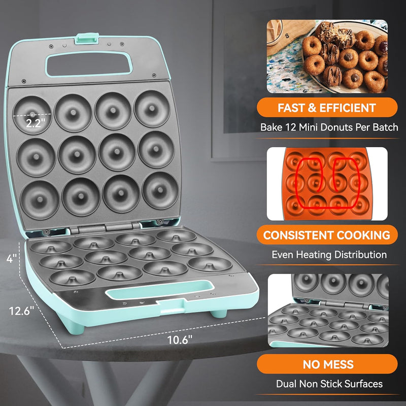 Mini Donut Maker Machine - Bake 12 Doughnuts Perfect for Breakfast Snacks Desserts