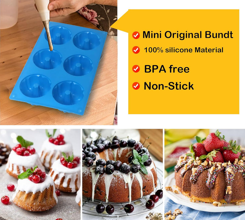 3PCS Mini Bundt Cake Pan Non-Stick Silicone Mold for Fluted Tube Cakes