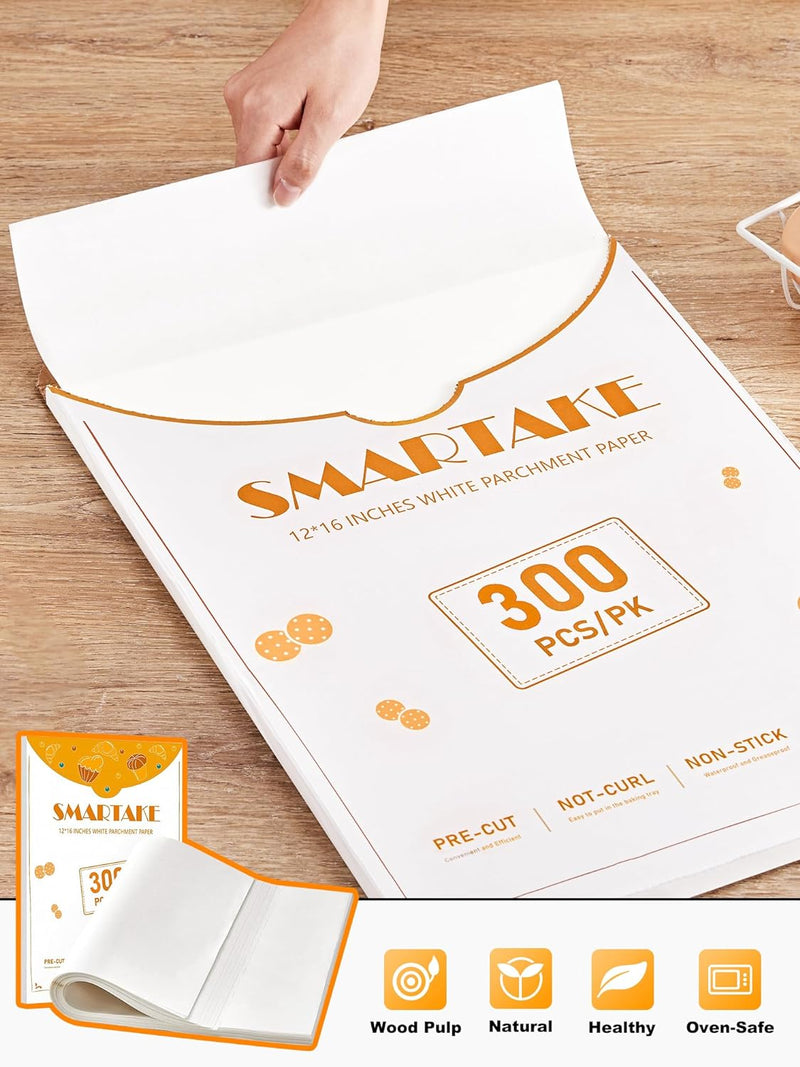 SMARTAKE 200 Pcs Parchment Paper Baking Sheets 12x16 Inch Non-Stick - Suitable for Baking Grilling Air Fryer Steaming and More