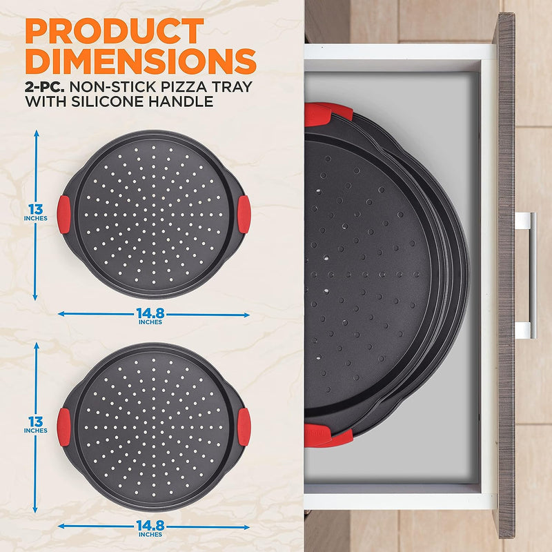 Non-Stick Pizza Tray with Silicone Handle and Perforated Holes - Premium Bakeware for Easy Cooking and Cleaning - NCBPIZ6