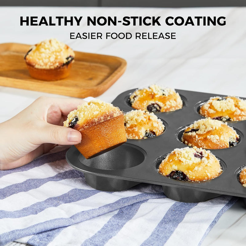 HONGBAKE Nonstick Muffin Pan - 12 Cup 2 Pack - Dark Grey