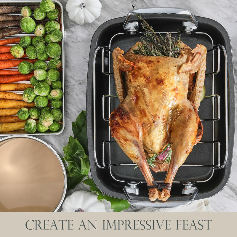 Nonstick Turkey Roasting Pan with Rack - Large 17 x 14 inch - for Oven - Heavy Duty Construction - Suitable for 24lb Turkey - Gray