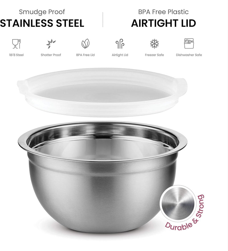 5-Piece Kitchen Mixing Bowl Set with Lids - Stainless Steel Silver for Cooking Baking Salad and Meal Prep