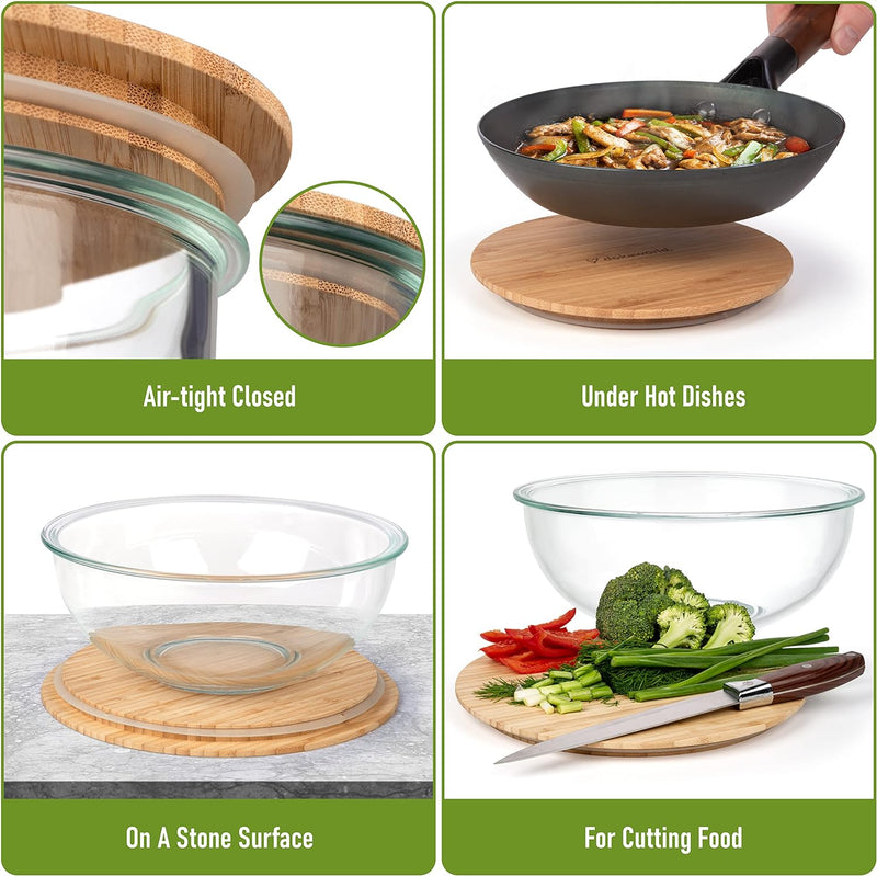 Collapsible Glass Mixing Bowls - 5 Stackable with Lids Microwave Safe Bamboo Salad  Baking Bowls