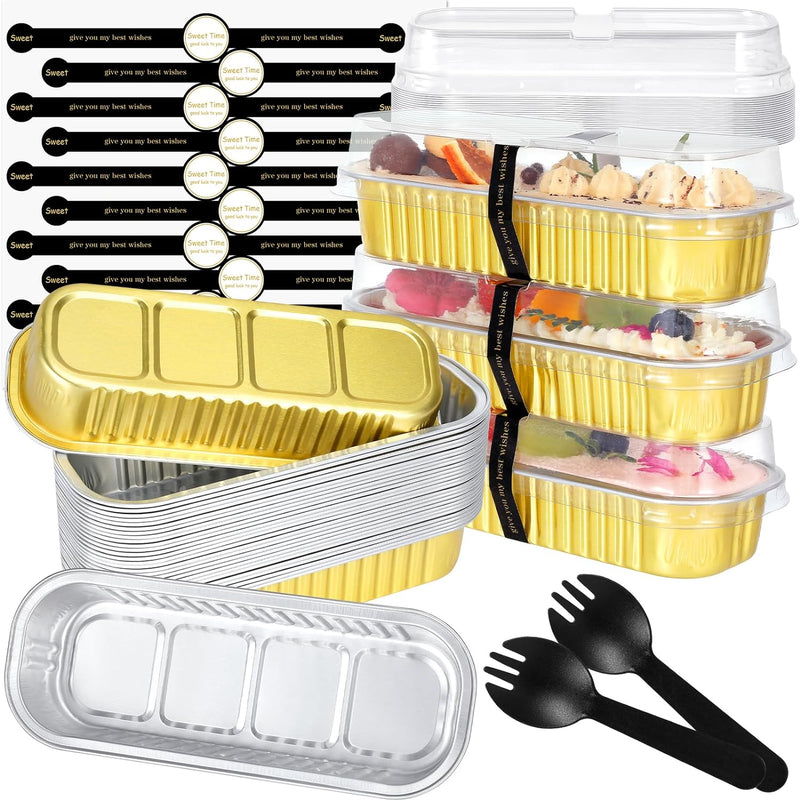 JuneHeart Aluminum Foil Mini Loaf Pans with Lids and Spoons - 100 Pack Black - 68oz Rectangle Baking Containers