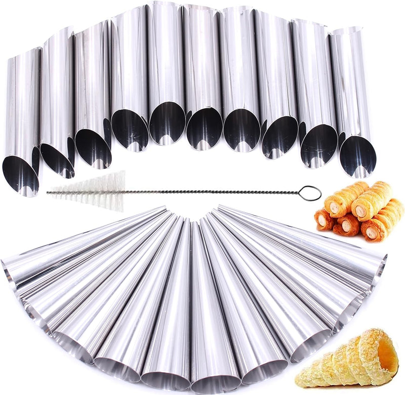 21-Piece Stainless Steel Cream Horn Molds with Cleaning Brush for Baking