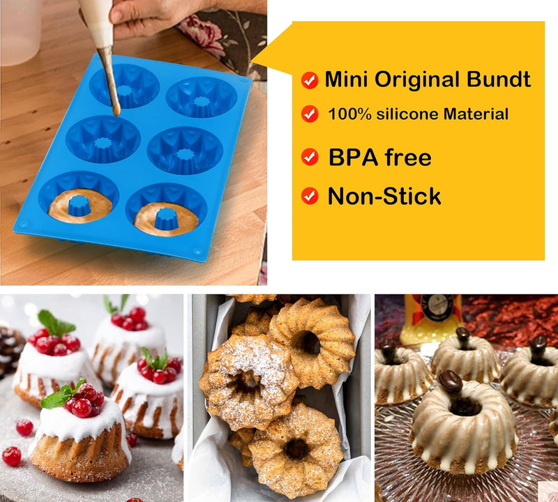 3PCS Mini Bundt Cake Pan Non-Stick Silicone Mold for Fluted Tube Cakes