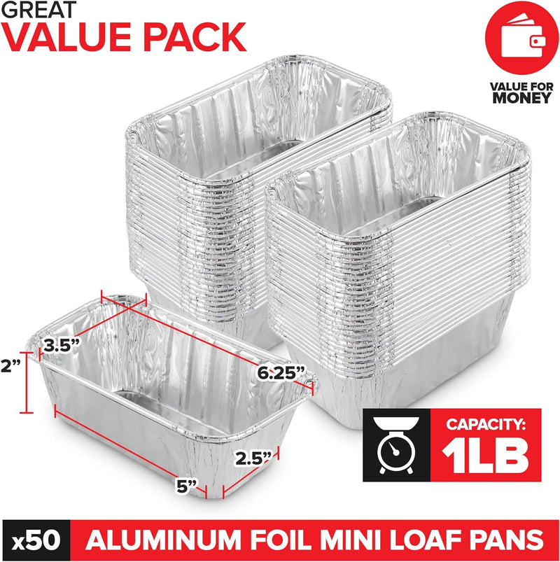 30-Pack Aluminum Foil Mini Loaf Pans - 1 lb Baking Tin Liners for Cakes Bread and Meat - Disposable 6x35x2