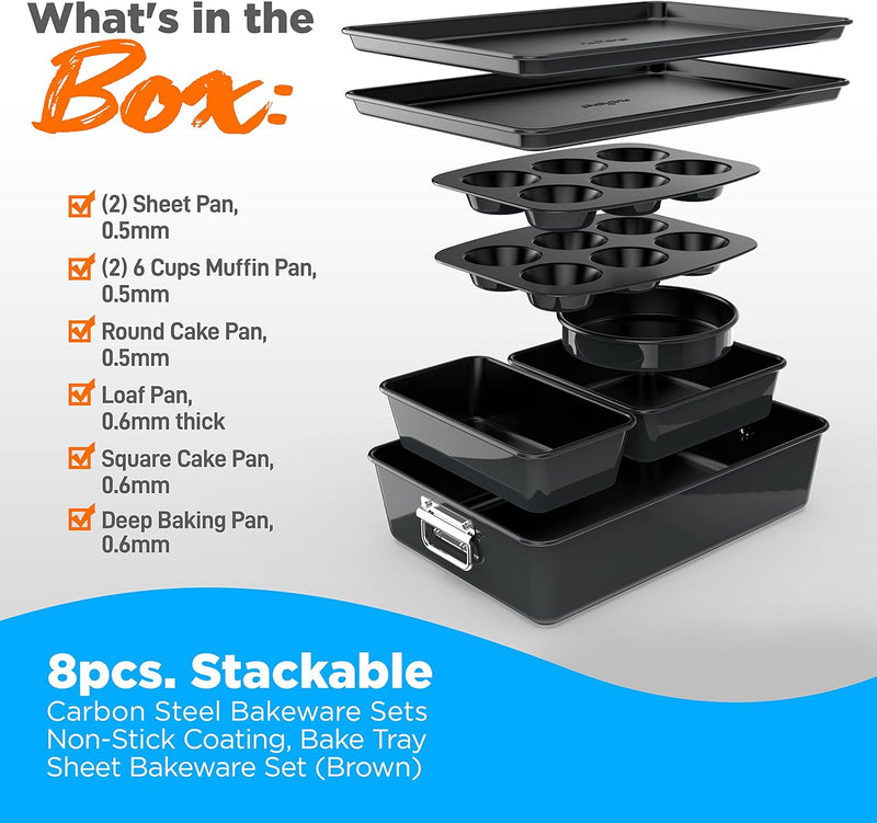 8-Piece Nonstick Stackable Bakeware Set with Oven-Safe Coating - PFOAPFOSPTFE Free