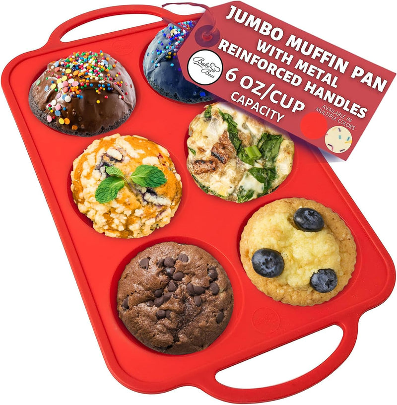 Bake Boss 6-Cup Large Muffin Pan w Handles - Non-Stick Silicone Cupcake Molds BPA-Free Red