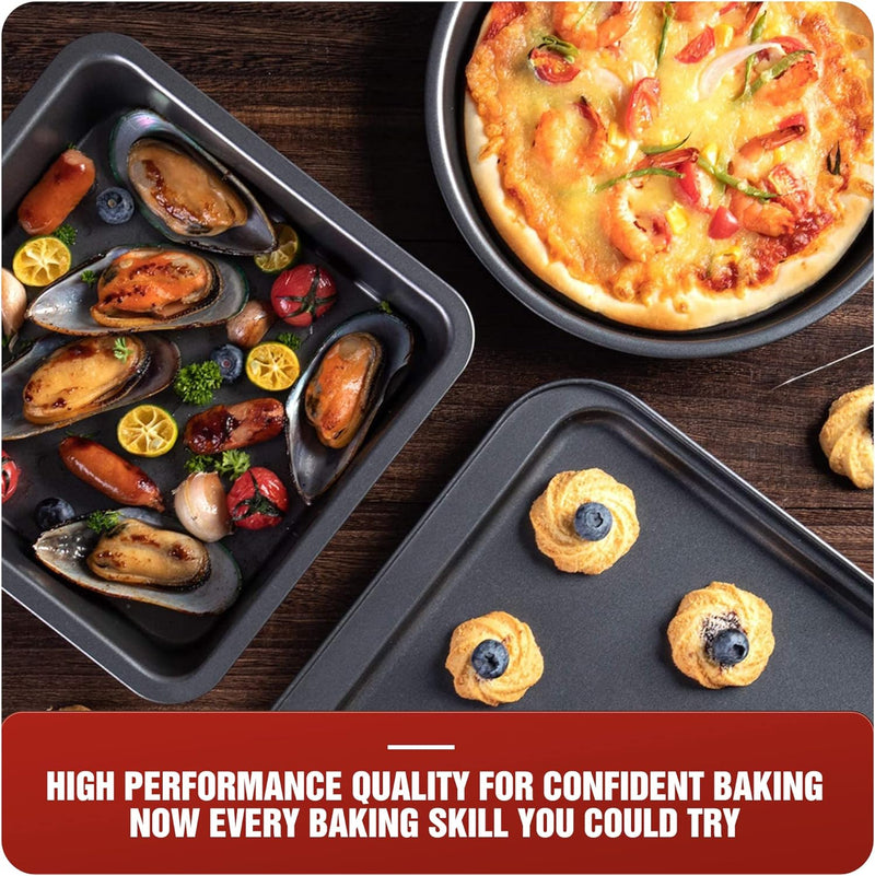 KITESSENSU Nonstick Bakeware Set 7-Piece Carbon Steel Baking Pans with Round and Square Cake Pan Loaf Muffin Cookie Sheet and Roast Cooling Rack