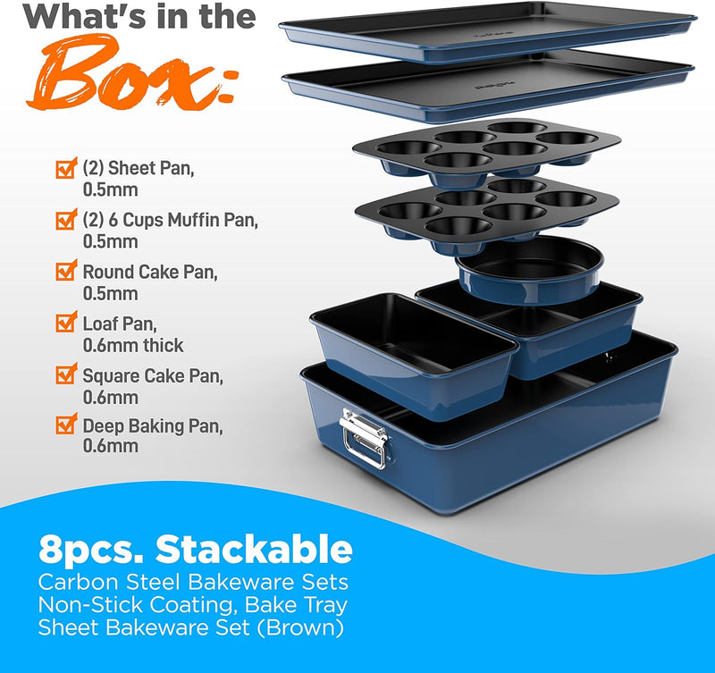 8-Piece Nonstick Stackable Bakeware Set with Oven-Safe Coating - PFOAPFOSPTFE Free