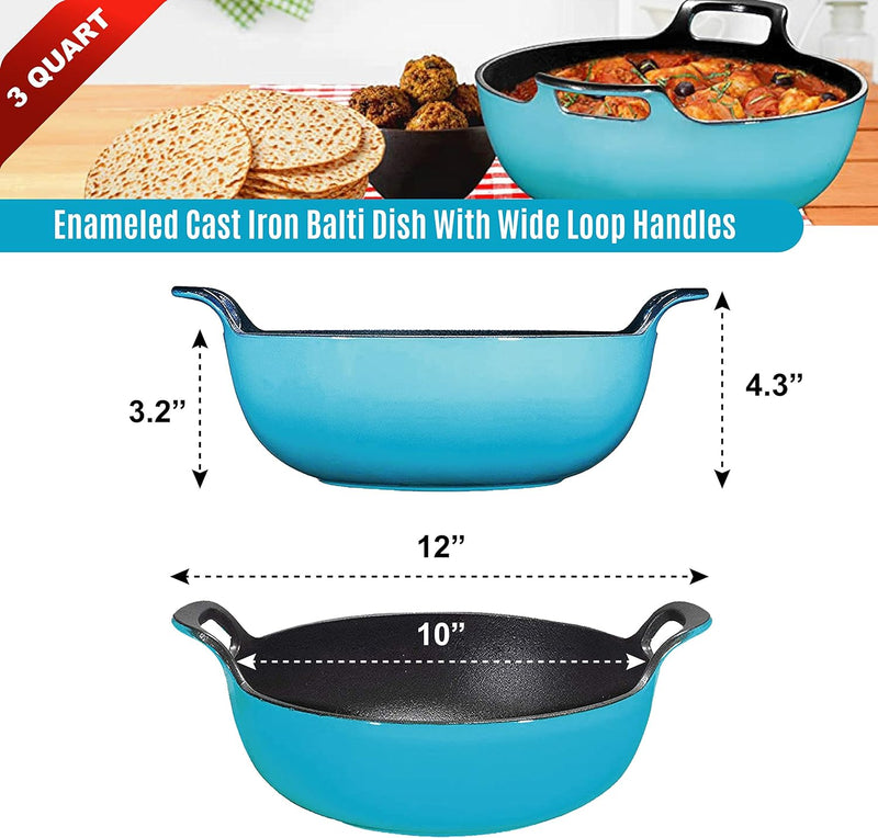 3 Qt Enamel Cast Iron Balti Dish  Nonstick Handi for Curry and Stir Fry  Asian Wok and Dutch Oven  Turquoise
