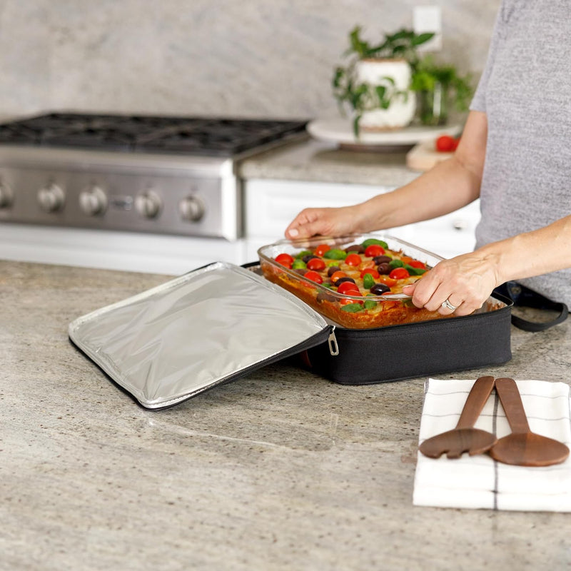 Insulated Casserole Carrier for HotCold Food Expandable Double Thermal Bag - Gray Fits 9x13 and 11x15 Baking Dish for PicnicsPotlucksCookouts - Lasagna Holder